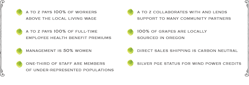 A to Z pays 100% of workers above the local wage. A to Z pays 100% of full-time employee health benefits. Management is 50% women. One third of staff are members of under-represented populations. A to Z collaborates with and lends support to community partners. Grapes are locally sourced. Shipping is carbon neutral. 